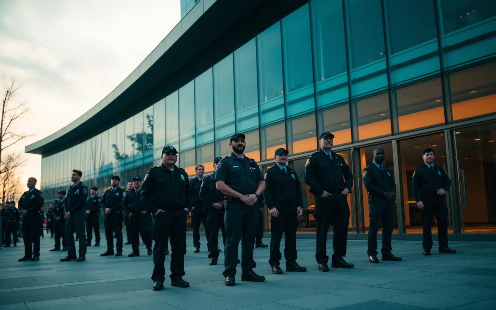Uniformed facilities team lined up outside a corporate building at dawn